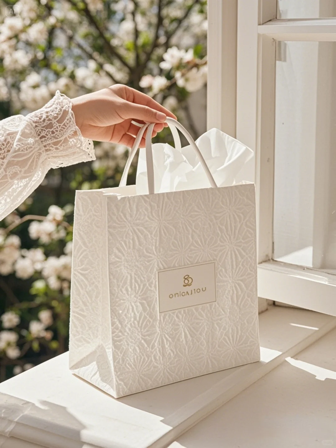 Luxury white embossed paper bag with handles for premium packaging