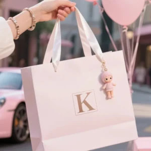 Luxury pink paper shopping bag with ribbon handles for gift packaging