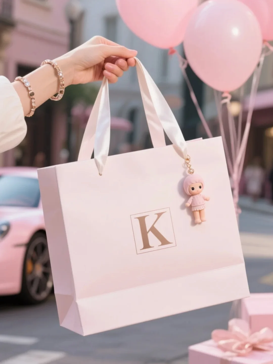 Luxury pink paper shopping bag with ribbon handles for gift packaging