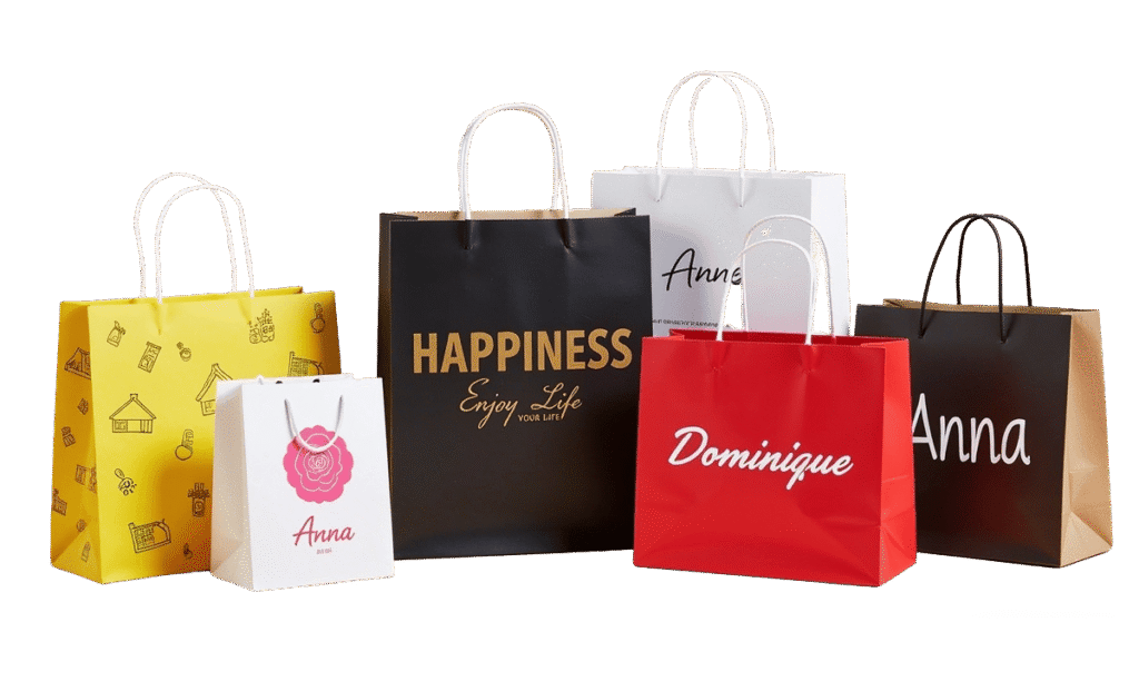 Custom branded paper shopping bags in multiple sizes and colors