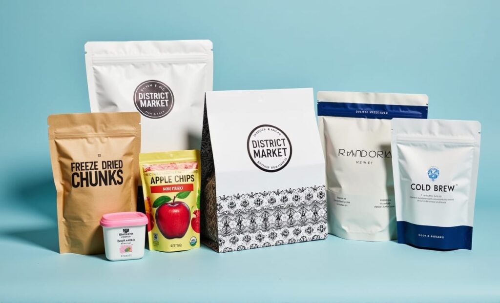 Custom stand up pouches for food and coffee packaging, printed flexible packaging bags